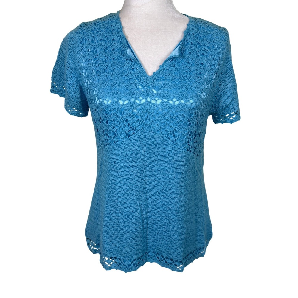 Preswick & Moore Turquoise Crochet Knit Linen Cotton Top Women's Medium NWT